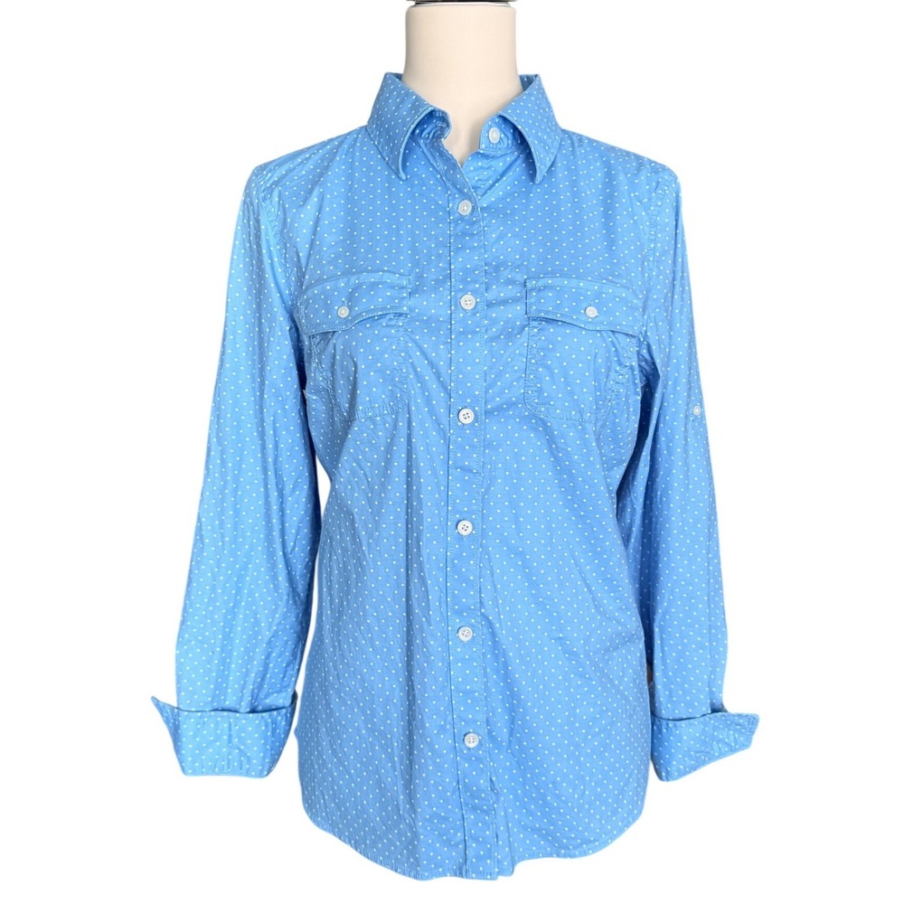 L.L. Bean Light Blue Polka Dot Roll Tab Sleeve Button Down Shirt with Pockets M